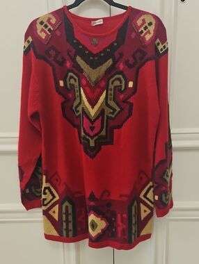 Olsen Red Patterned Women's Sweater Oversized - Medium